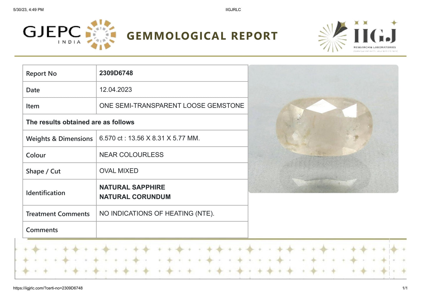 Natural White Sapphire 6.57 Carats