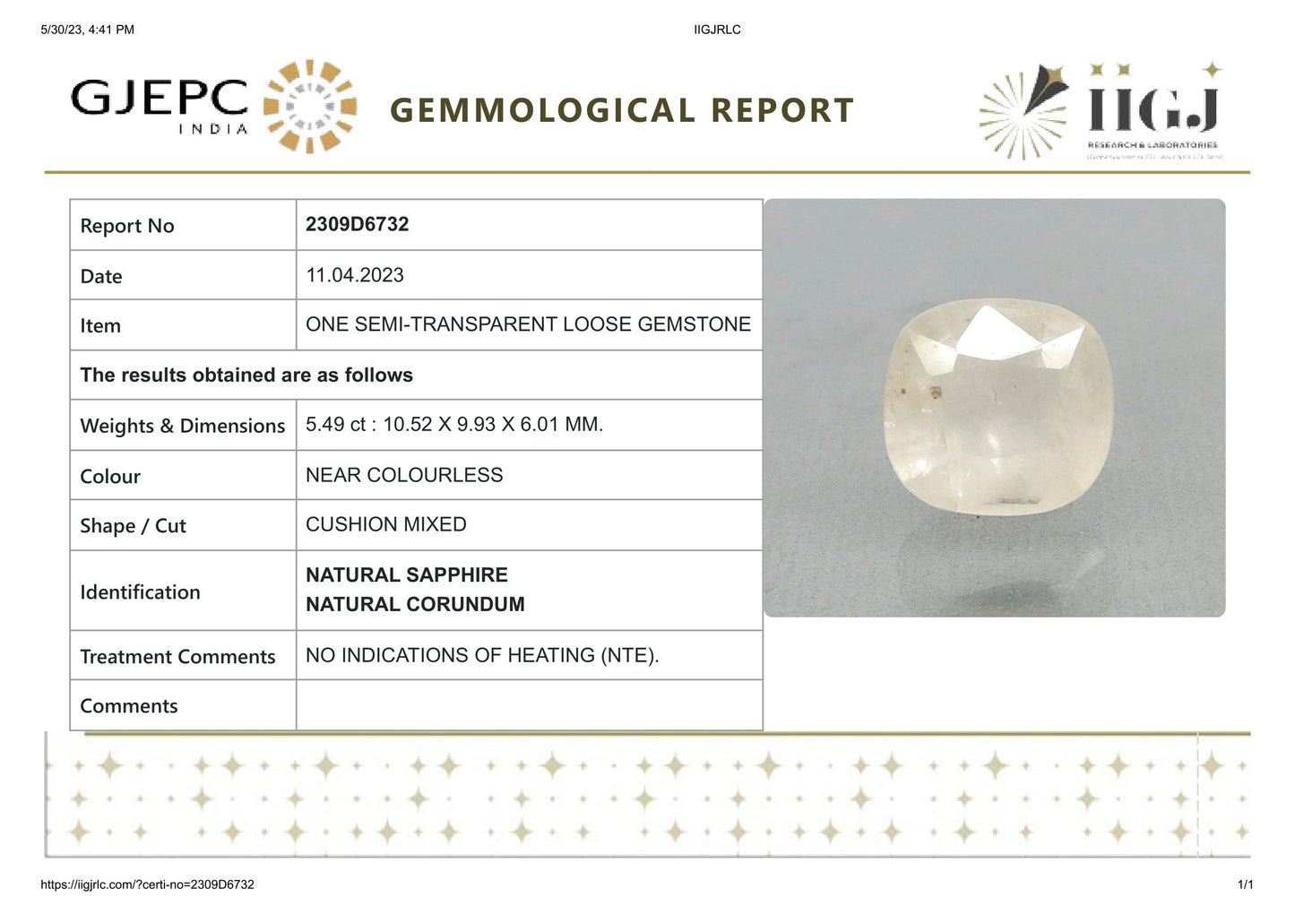Natural White Sapphire 5.49 Carats