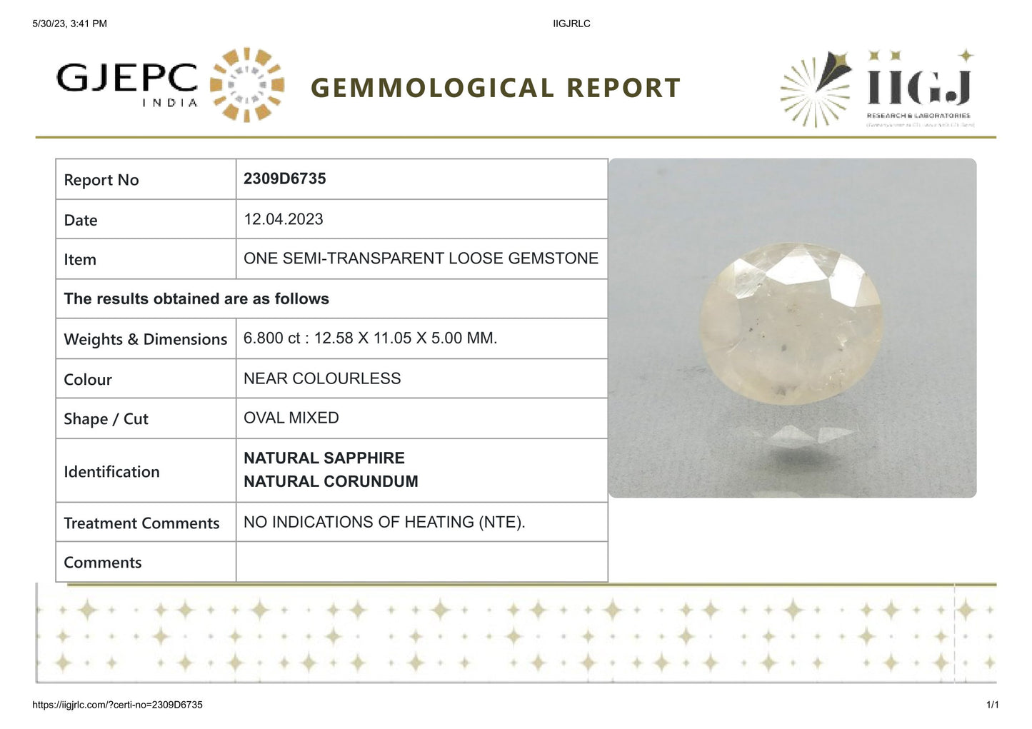 NATURAL WHITE SAPPHIRE 6.80 CARATS