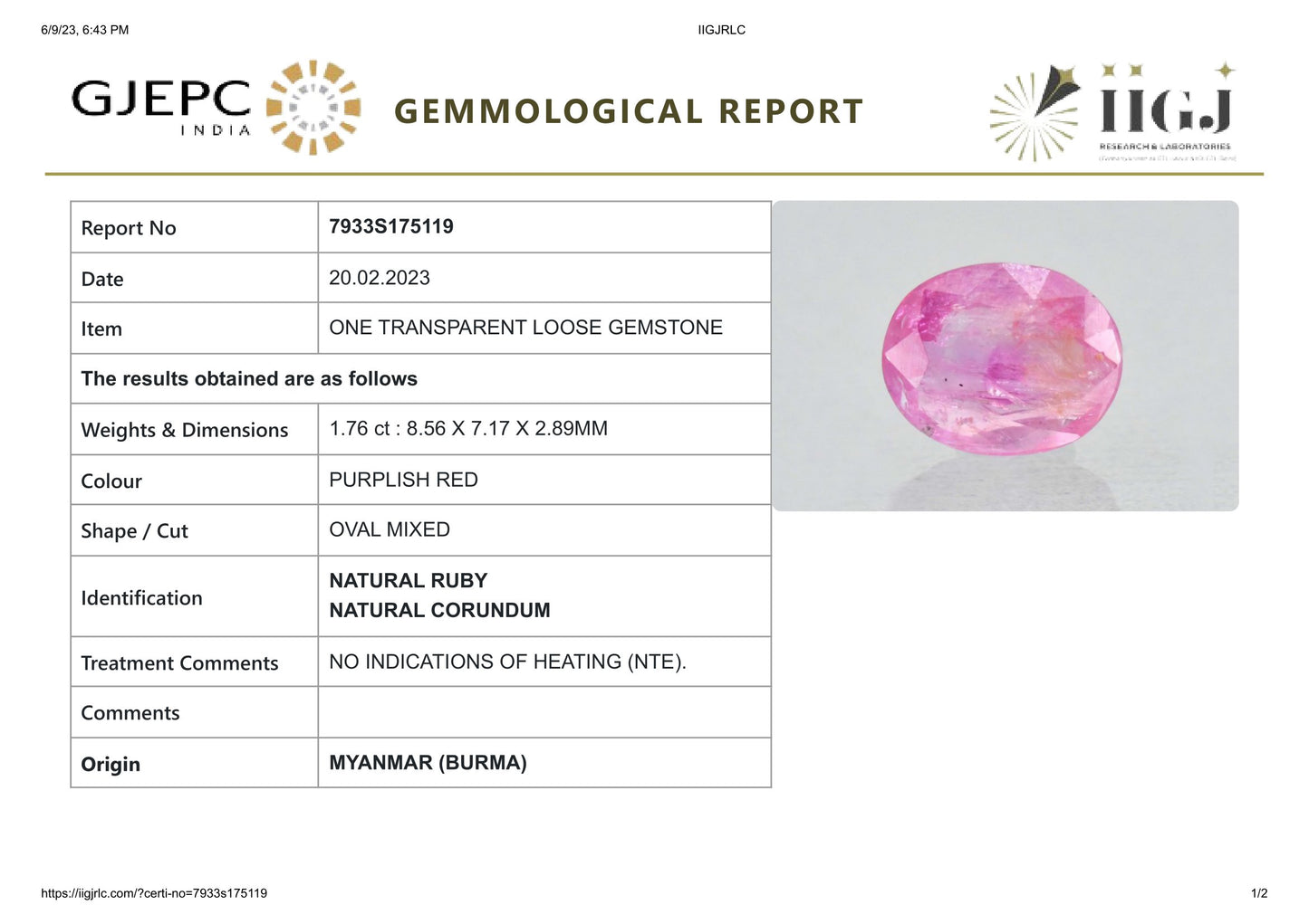Burmese Ruby (Manik) 1.76 Carats