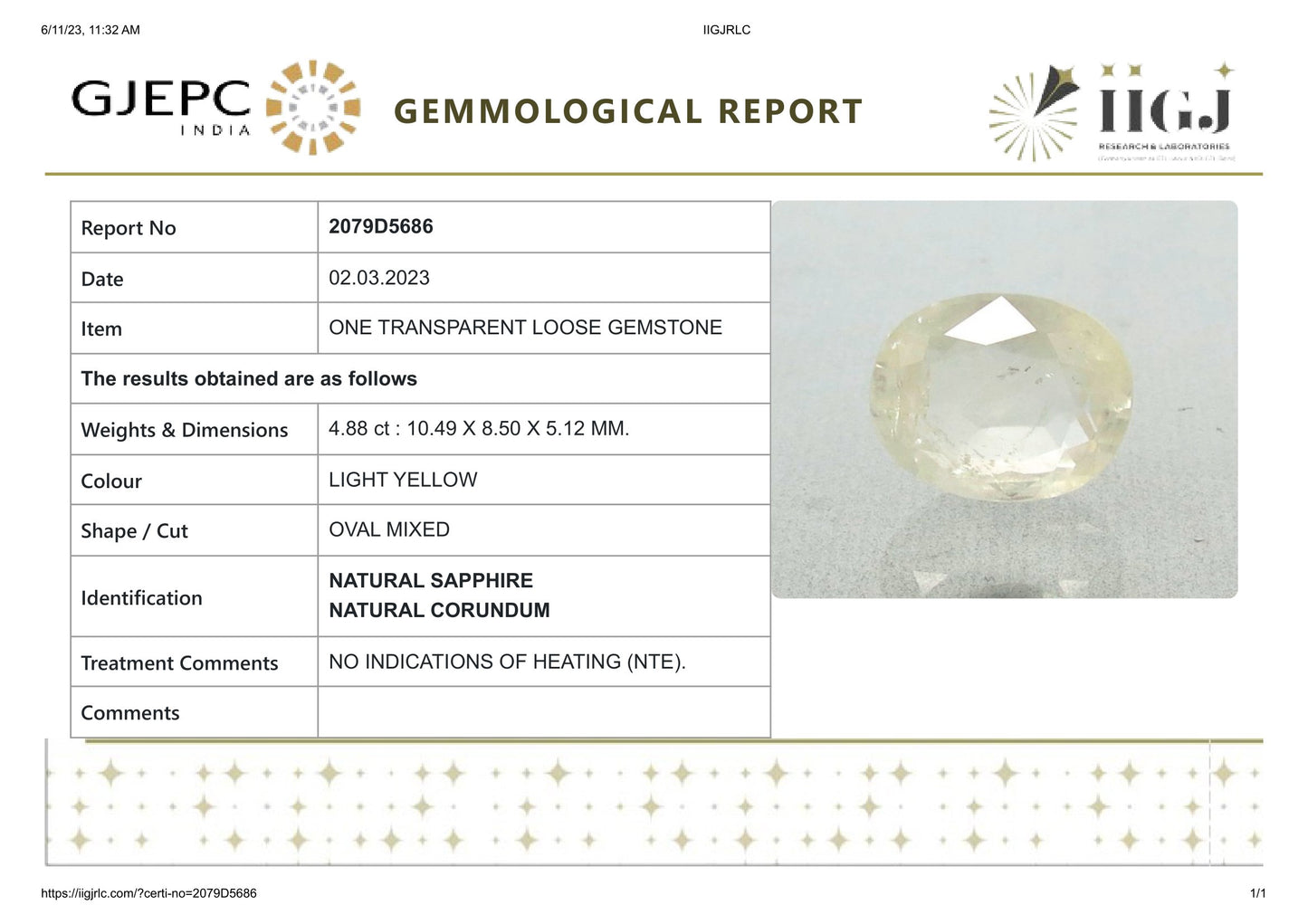 Natural Yellow Sapphire (Pukhraj) 4.88 Carats