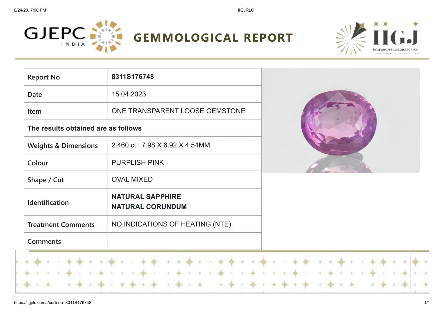 Natural Pink Sapphire 2.46 Carats