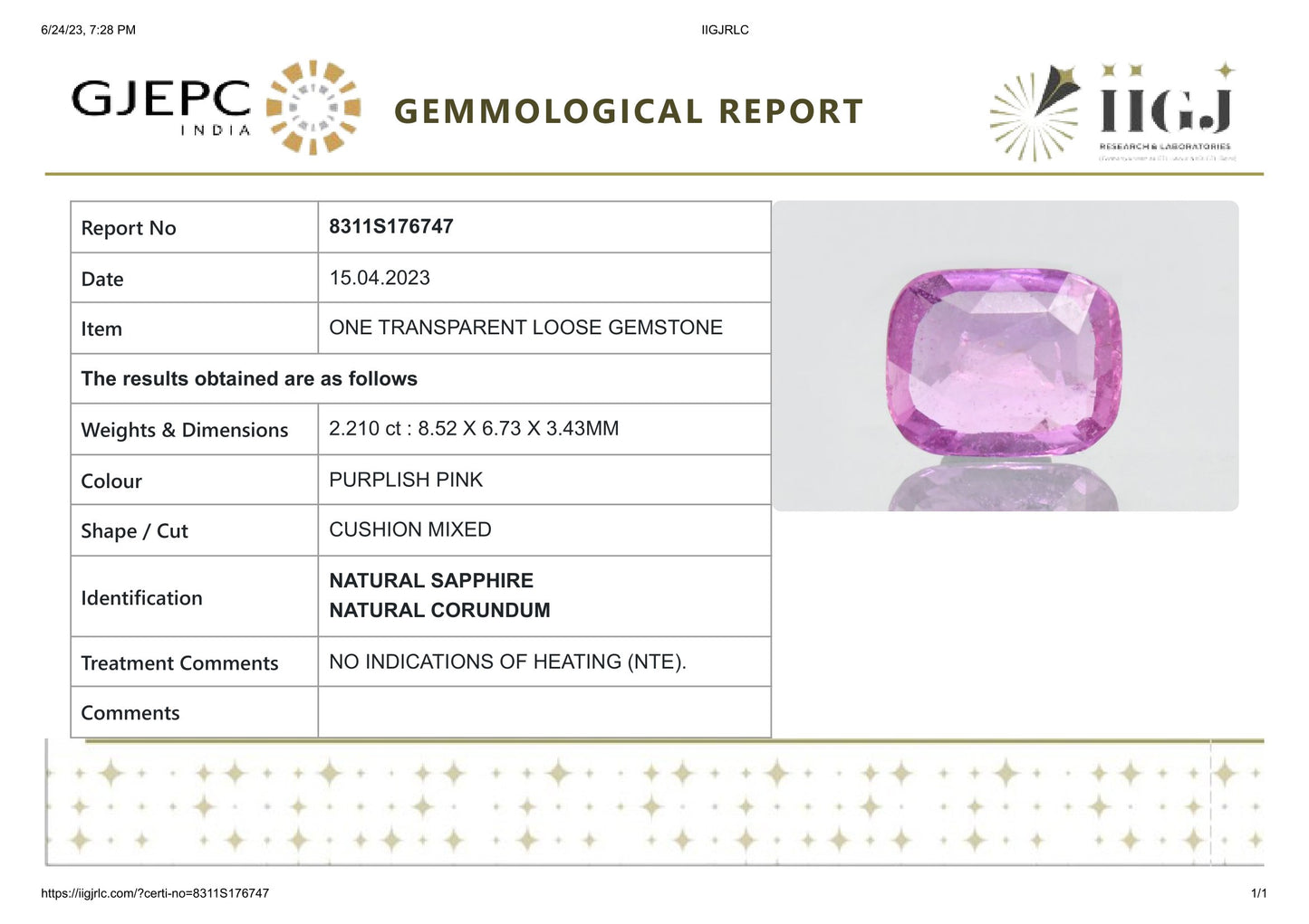 Natural Pink Sapphire 2.21 Carats