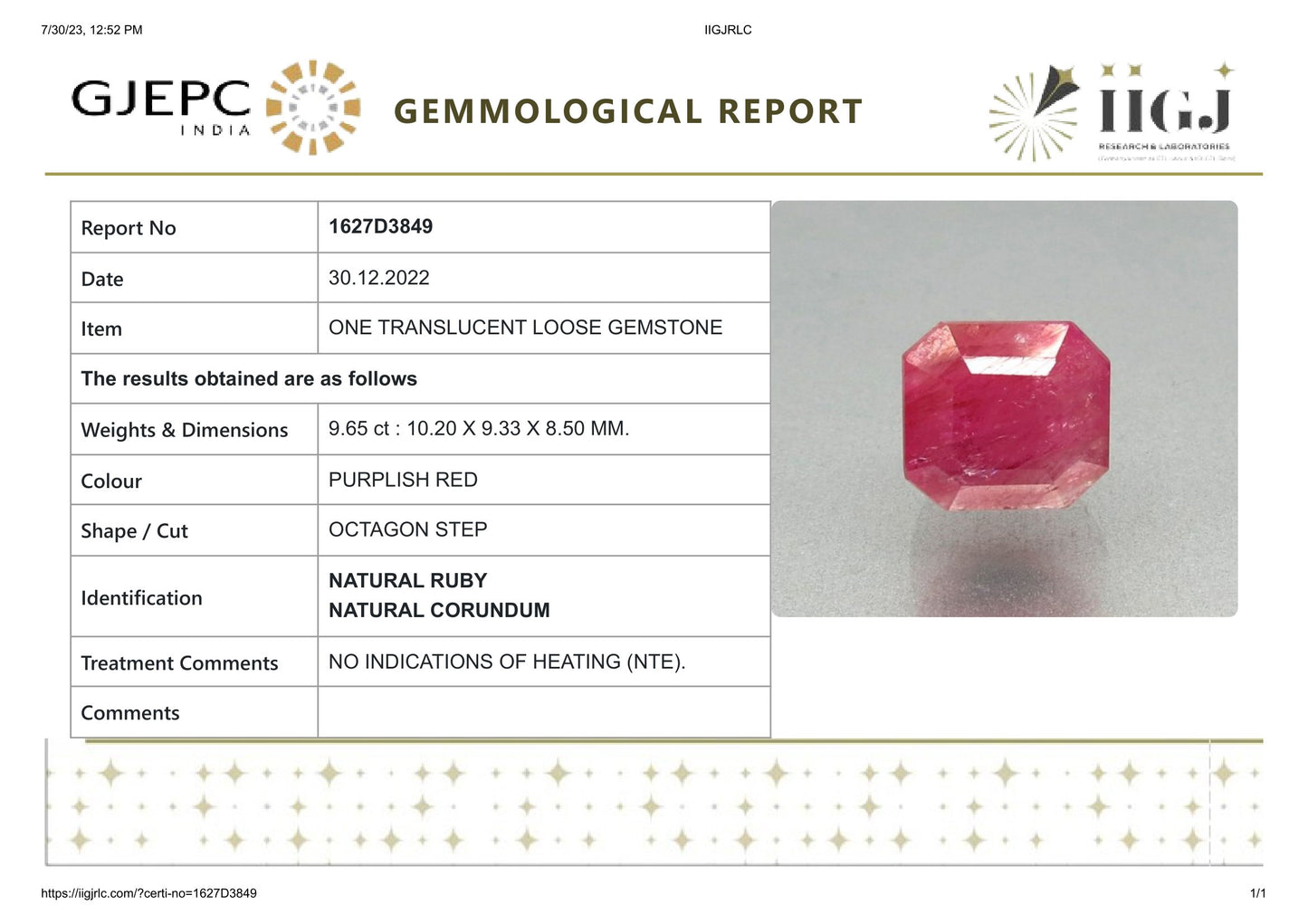 Burmese Ruby (Manik) 9.65 Carats