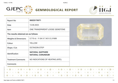 Natural Yellow Sapphire (Pukhraj) 5.71 Carats