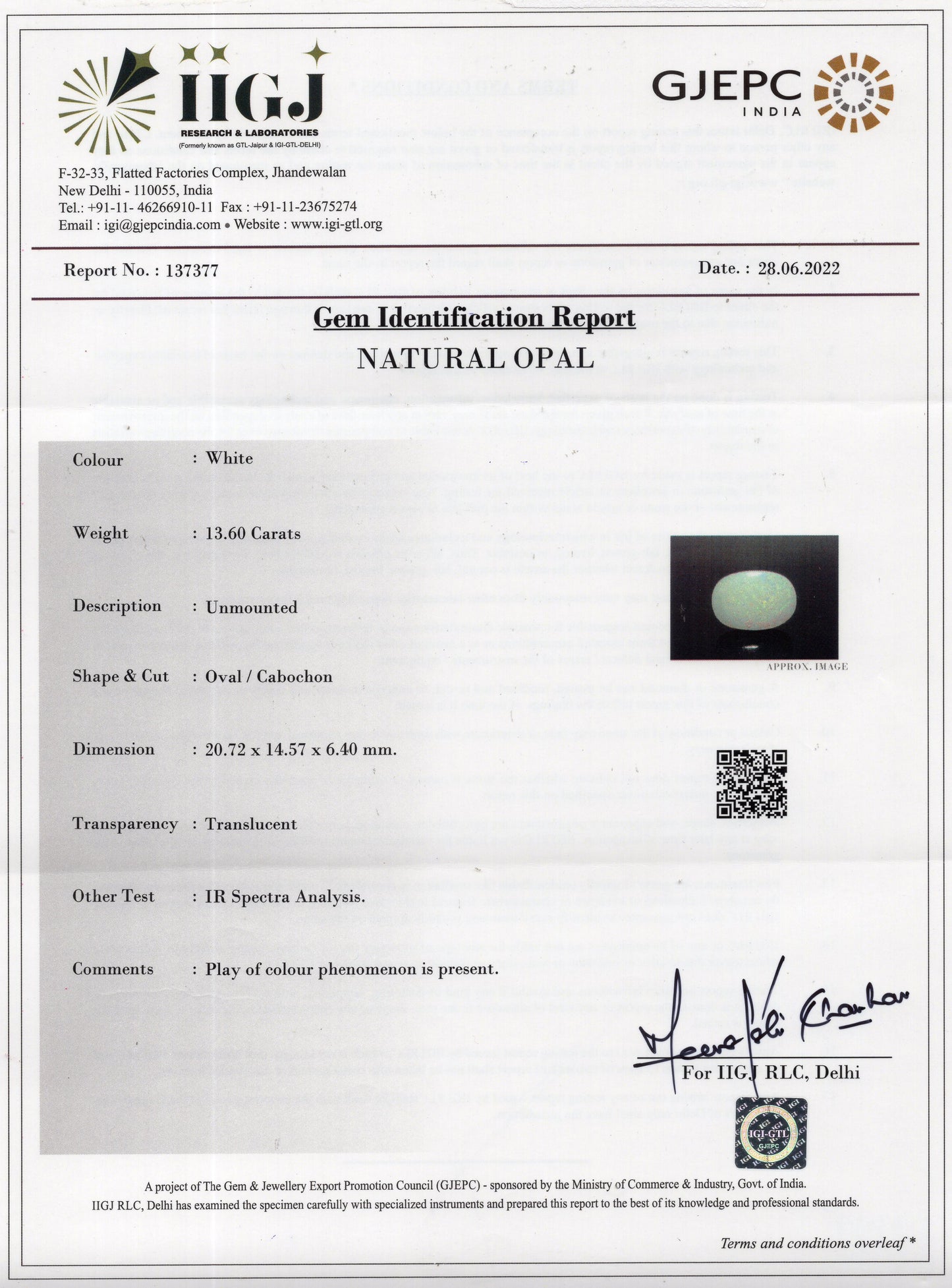 Natural Australian White Fire Opal 13.60 Carats