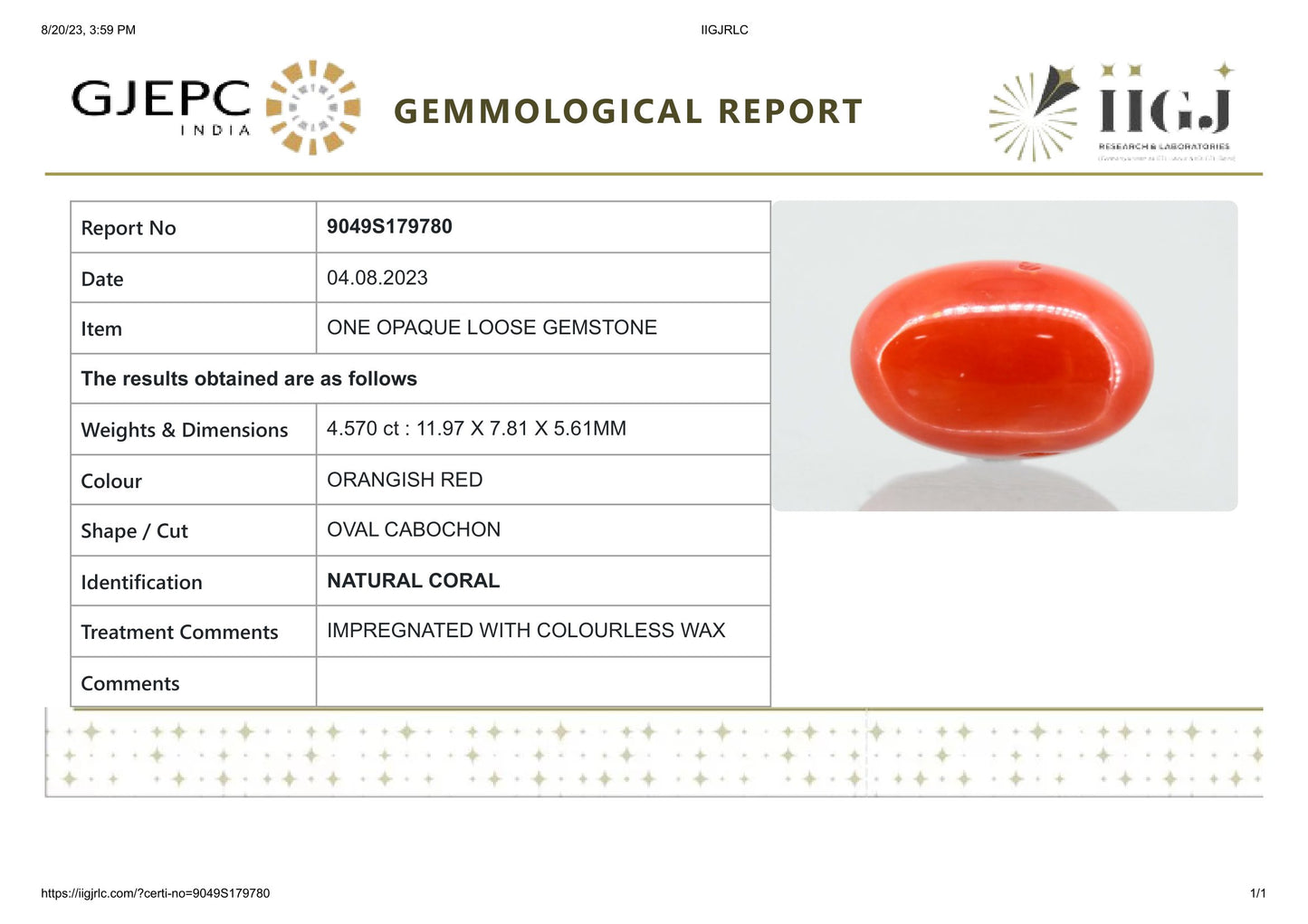 Japanese Red Coral (Moonga) 4.57 Carats