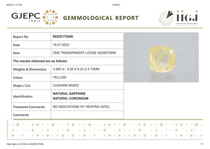 NATURAL YELLOW SAPPHIRE (PUKHRAJ) 3.48 CARATS