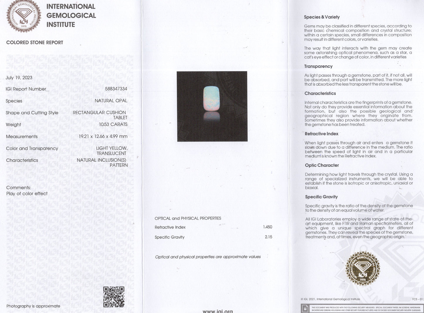 Natural Australian White Fire Opal 10.53 Carats