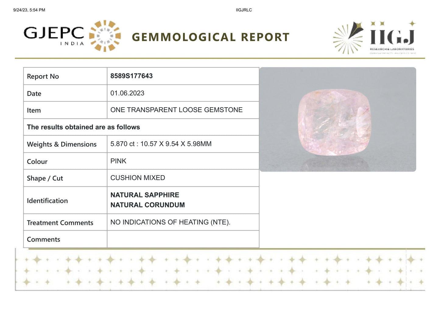 Natural Pink Sapphire 5.87 Carats