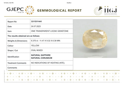 Natural Yellow Sapphire (Pukhraj) 6.37 Carats