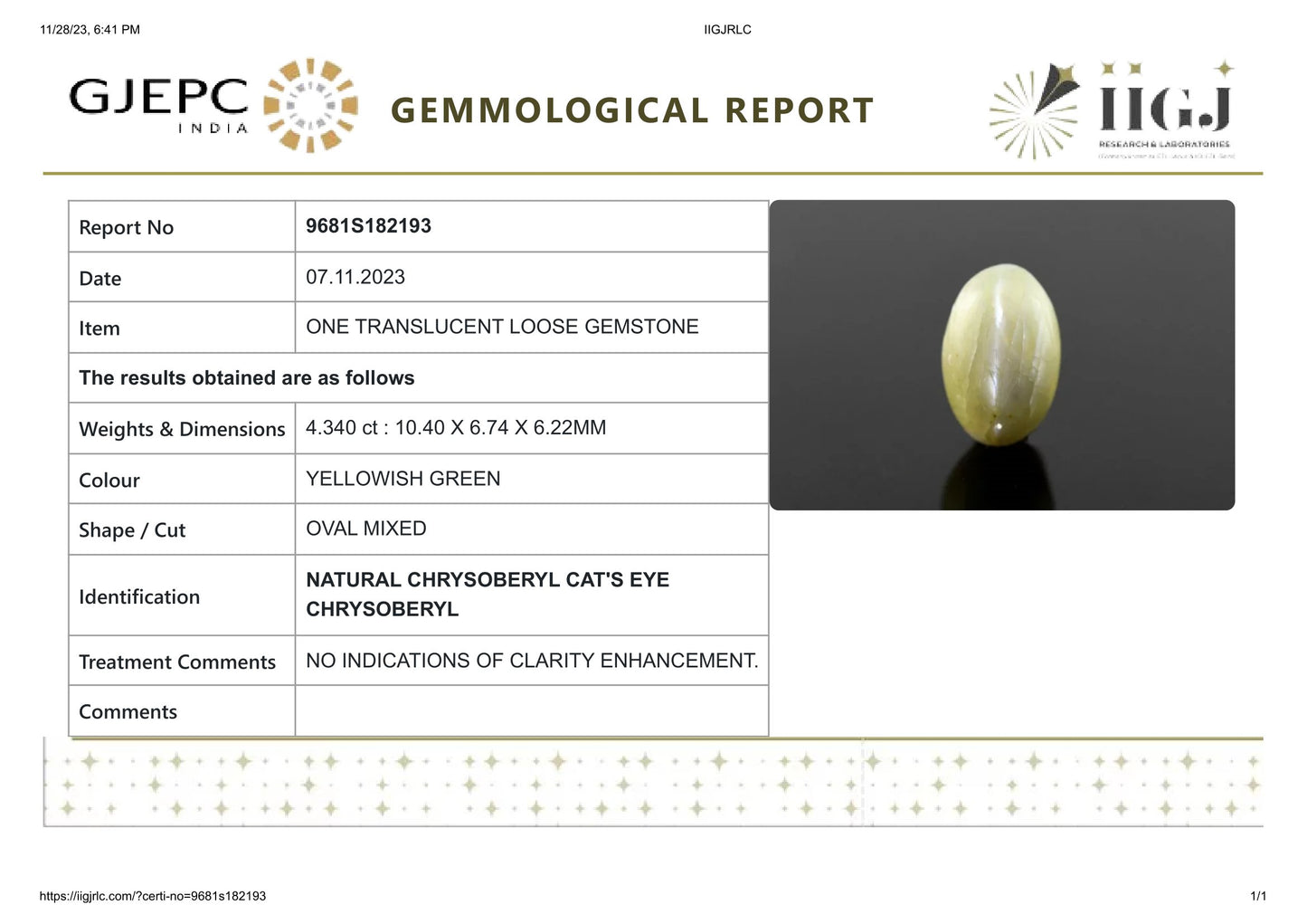 Natural Cat'S Eye (Lehsuniya) 4.34 Carats