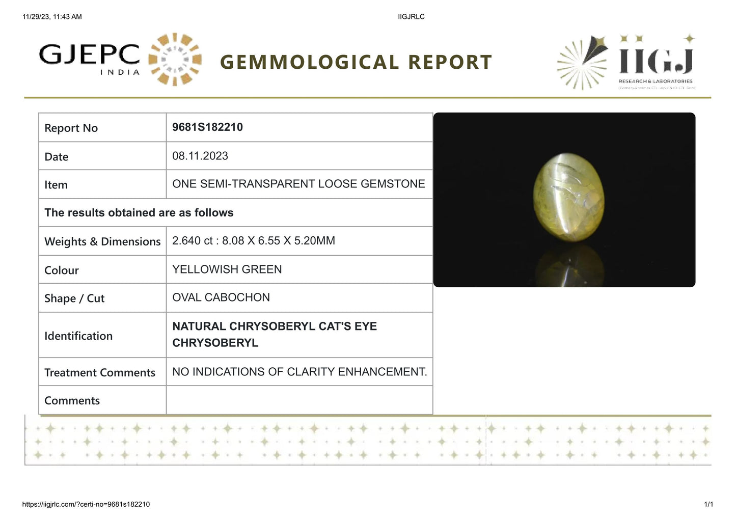 Natural Cat'S Eye (Lehsuniya) 2.64 Carats