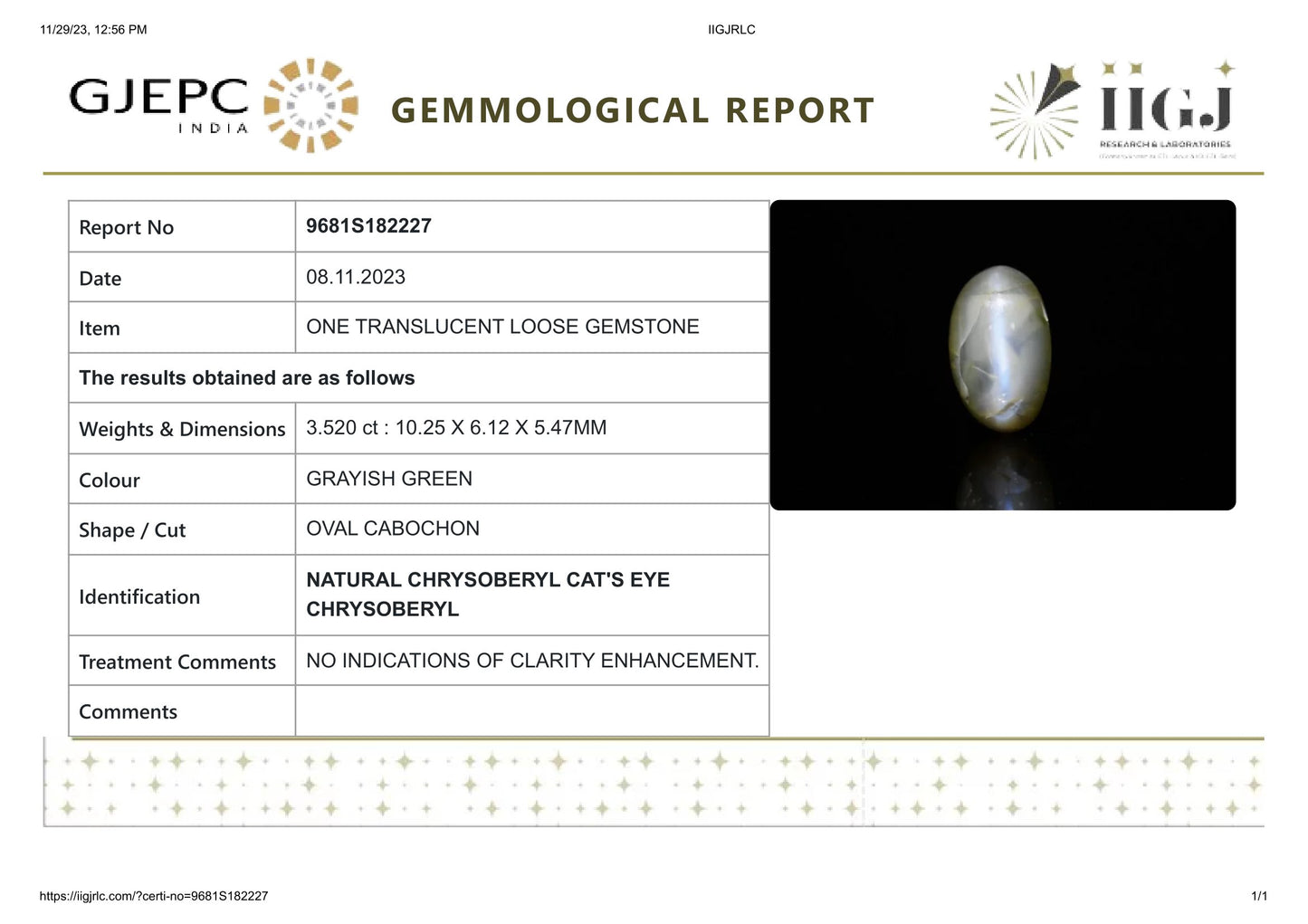 Natural Cat'S Eye (Lehsuniya) 3.52 Carats