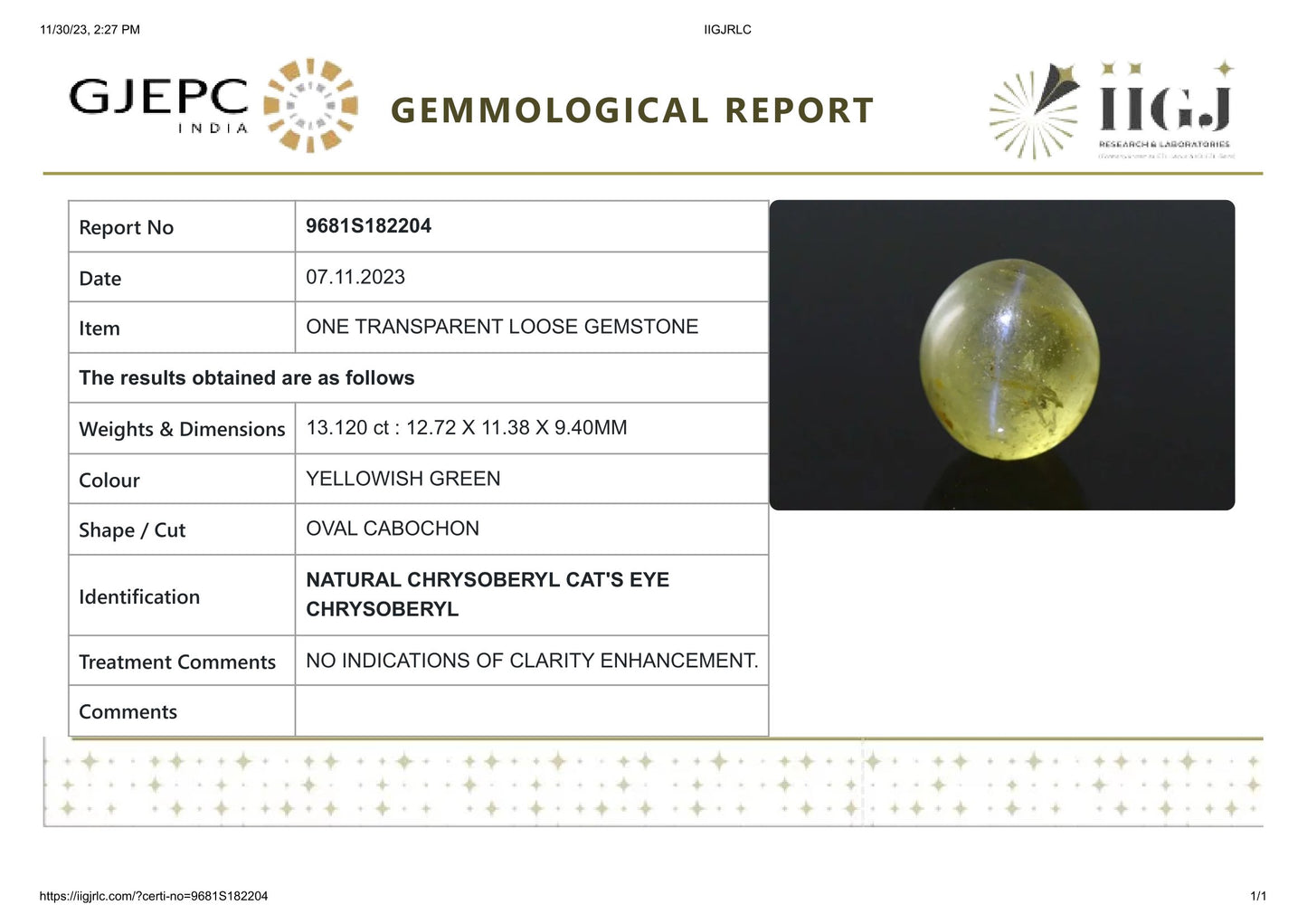 Natural Cat'S Eye (Lehsuniya) 13.12 Carats