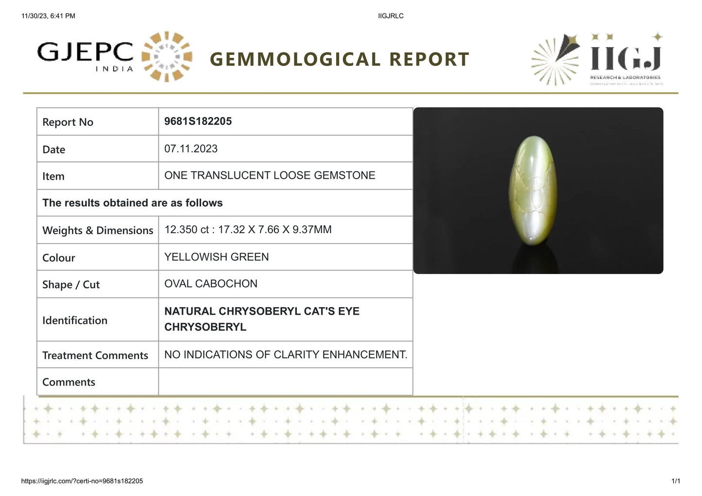 Natural Cat'S Eye (Lehsuniya) 12.35 Carats