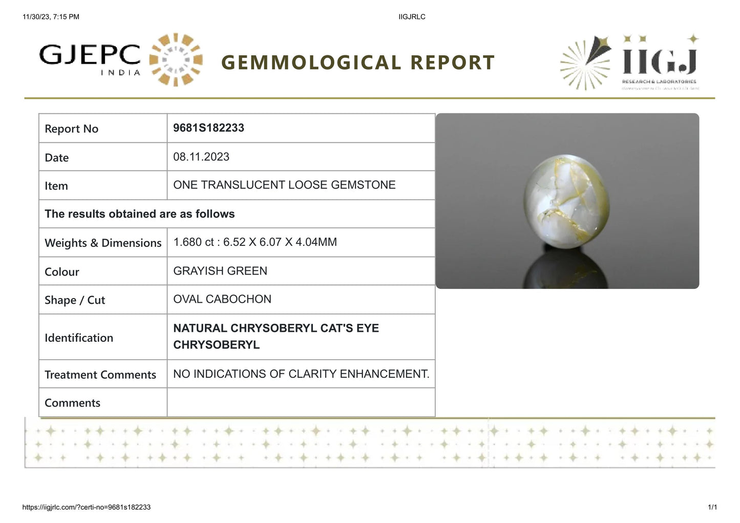 Natural Cat'S Eye (Lehsuniya) 1.68 Carats