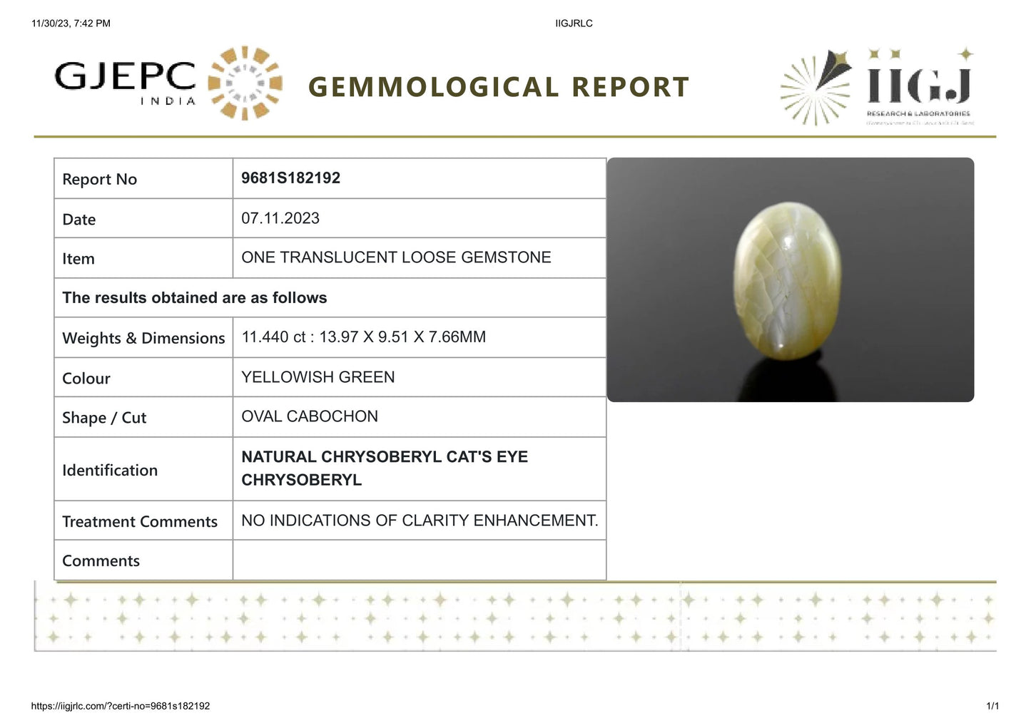 Natural Cat'S Eye (Lehsuniya) 11.44 Carats