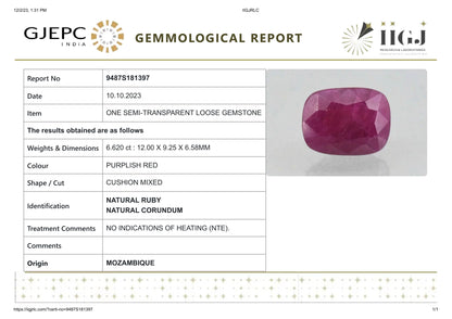 Natural Mozambique Ruby (Manik) 6.62 Carats