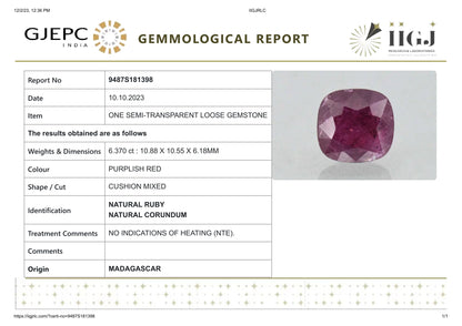 Natural Madagascar Ruby (Manik) 6.37 Carats