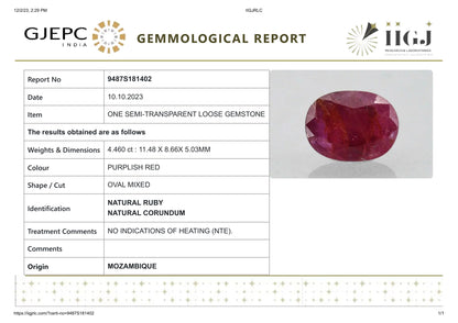 Natural Mozambique Ruby (Manik) 4.46 Carats
