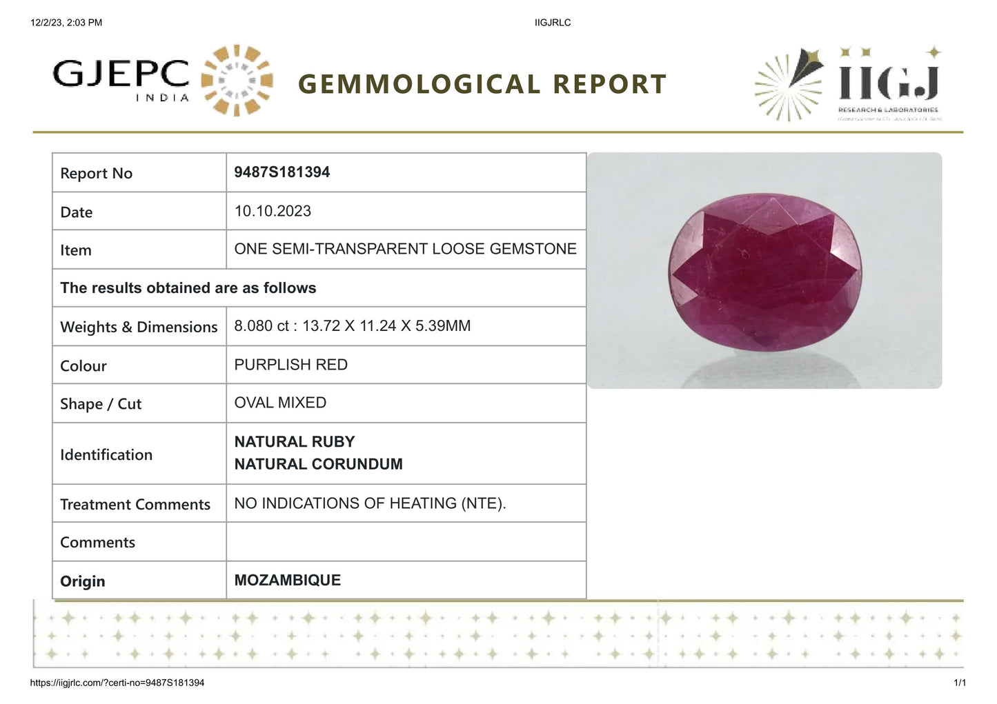 Natural Ruby (Manik) 8.08 Carats