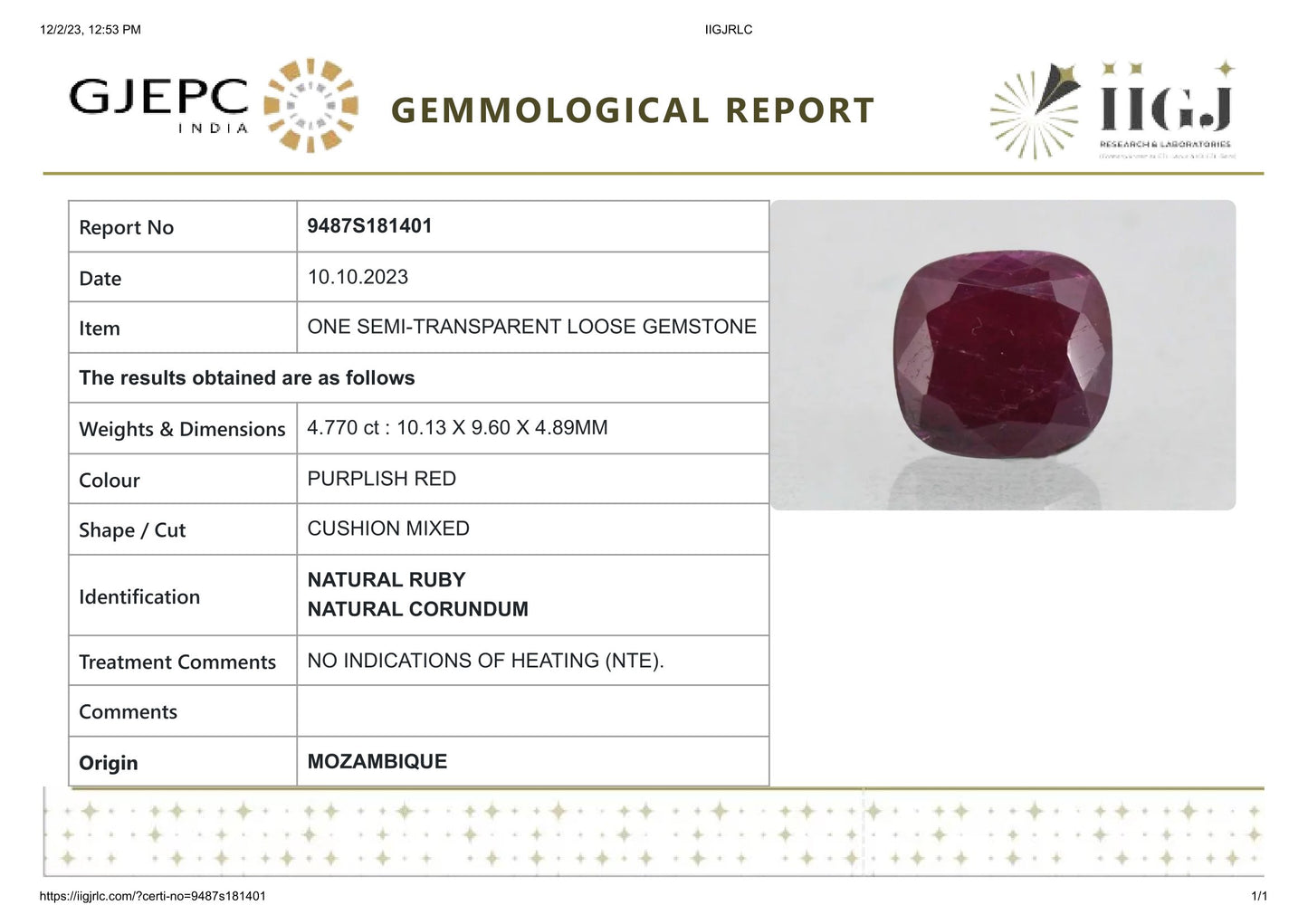 Natural Mozambique Ruby (Manik) 4.77 Carats