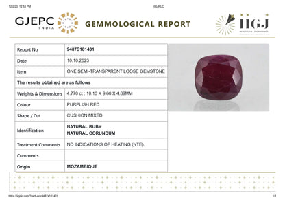 Natural Mozambique Ruby (Manik) 4.77 Carats