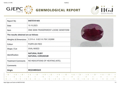 Natural Mozambique Ruby (Manik) 2.21 Carats