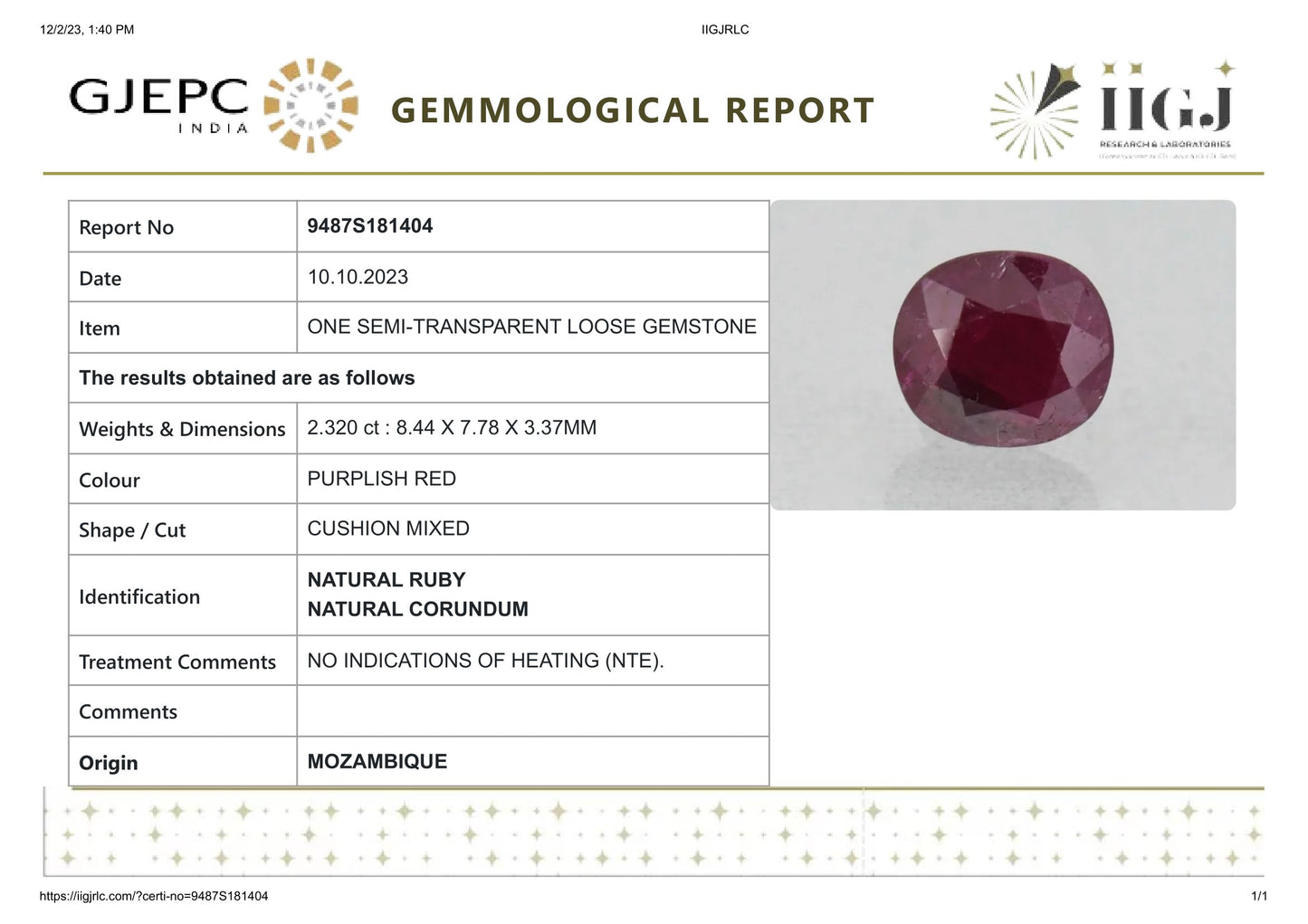 Natural Mozambique Ruby (Manik) 2.32 Carats