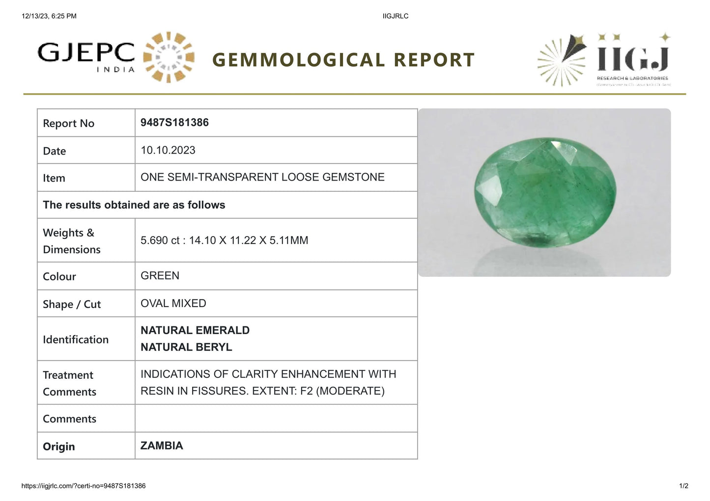 Zambian Emerald (Panna) 5.69 Carats