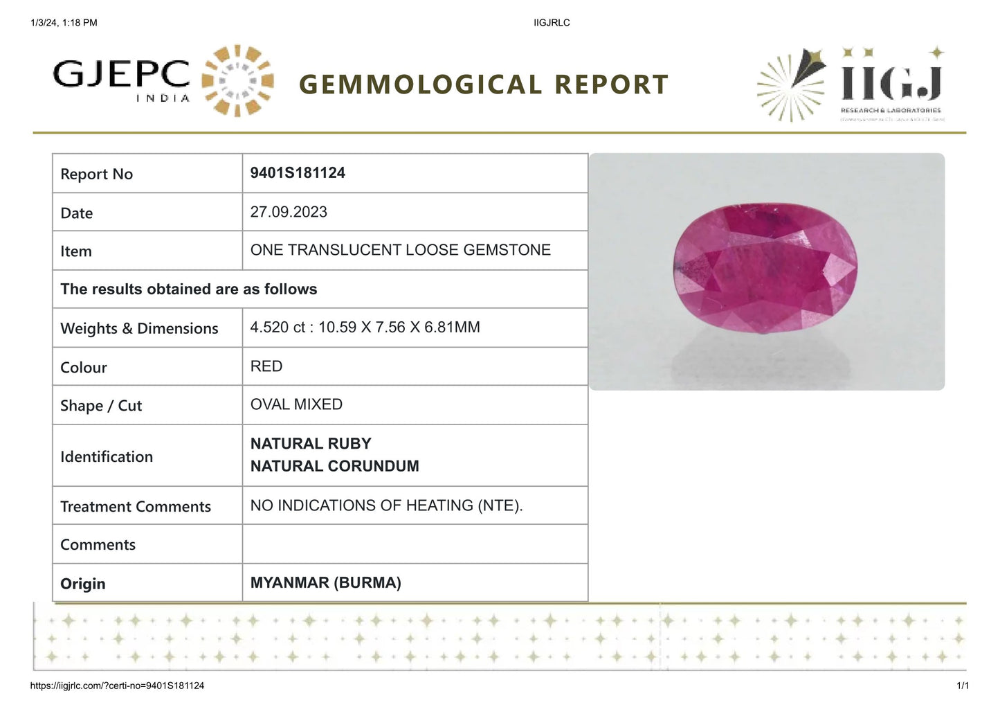 Burmese Ruby (Manik) 4.52 Carats