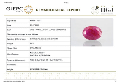 Burmese Ruby (Manik) 5.98 Carats