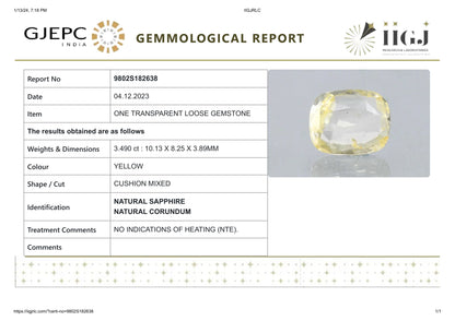 Natural Yellow Sapphire (Pukhraj) 3.49 Carats