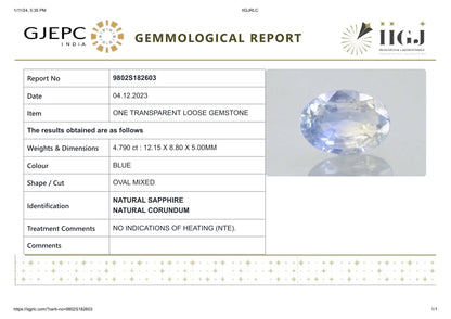 Natural Blue Sapphire (Neelam) 4.79 Carats
