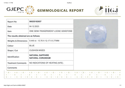 Natural Blue Sapphire (Neelam) 9.44 Carats