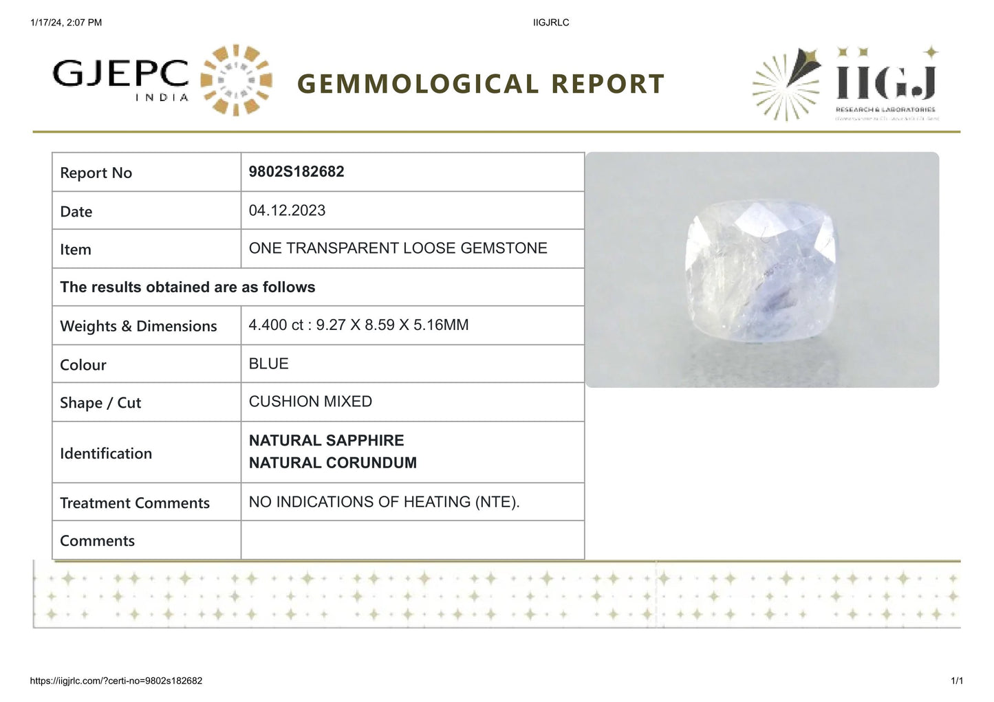 Natural Blue Sapphire (Neelam) 4.40 Carats