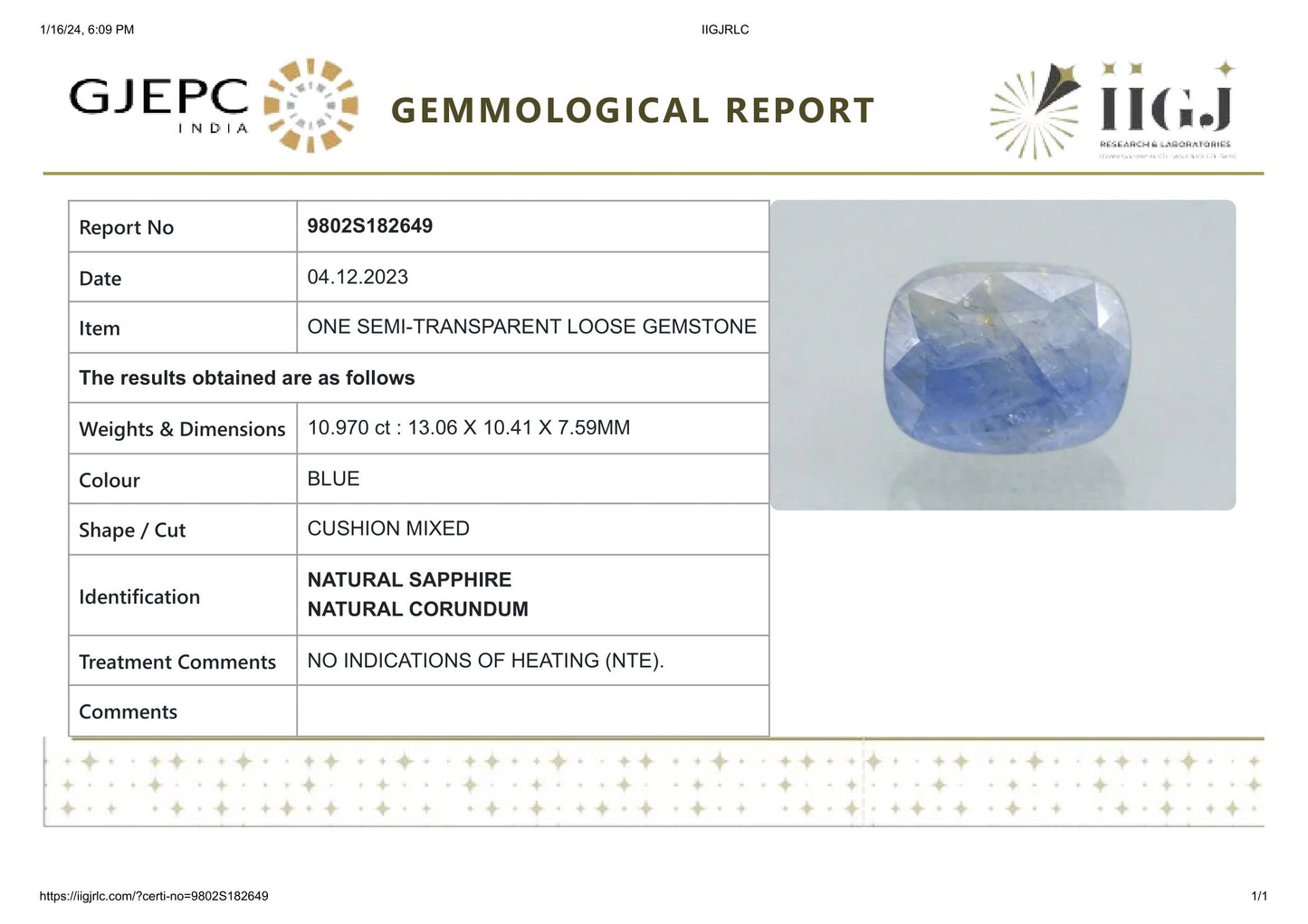 Natural Blue Sapphire (Neelam) 10.97 Carats