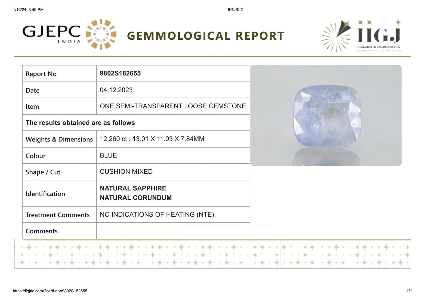Natural Blue Sapphire (Neelam) 12.26 Carats