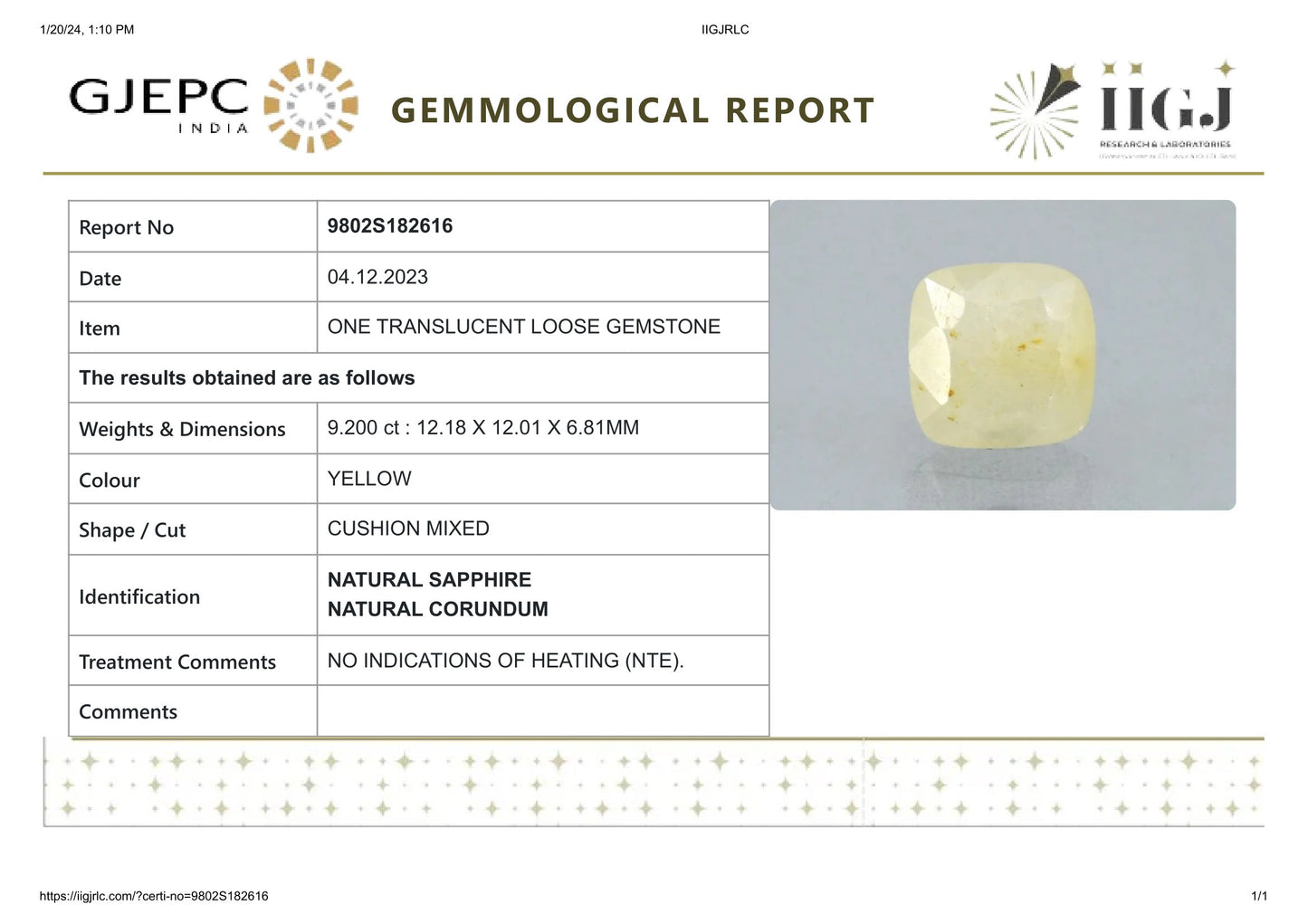 Natural Yellow Sapphire (Pukhraj) 9.20 Carats