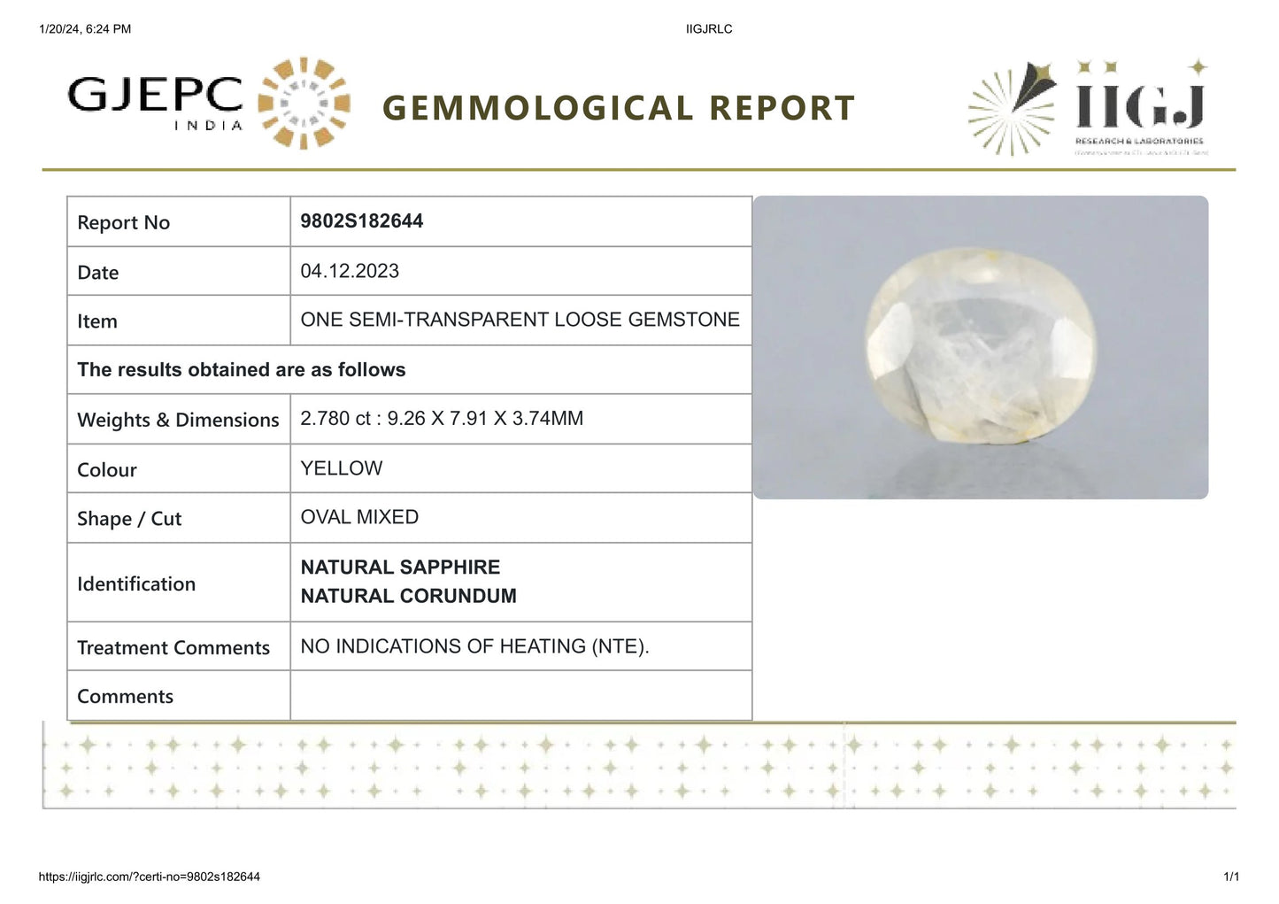 Natural Yellow Sapphire (Pukhraj) 2.78 Carats