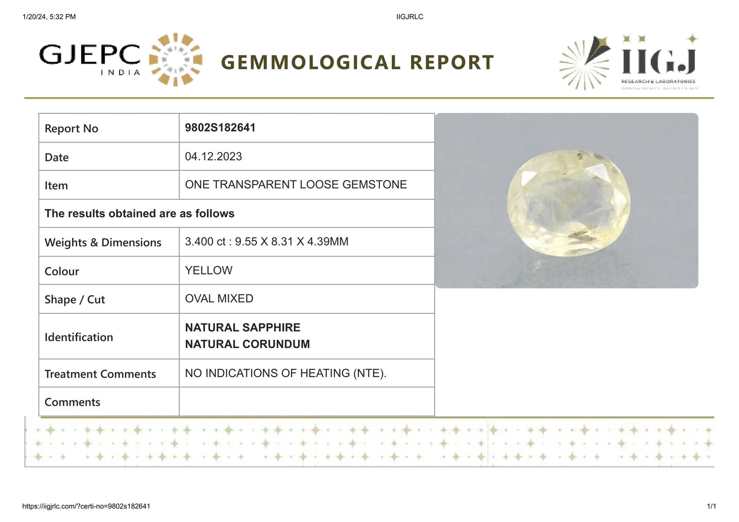 Natural Yellow Sapphire (Pukhraj) 3.40 Carats