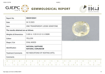 Natural Yellow Sapphire (Pukhraj) 3.40 Carats