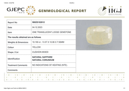 Natural Yellow Sapphire (Pukhraj) 10.19 Carats