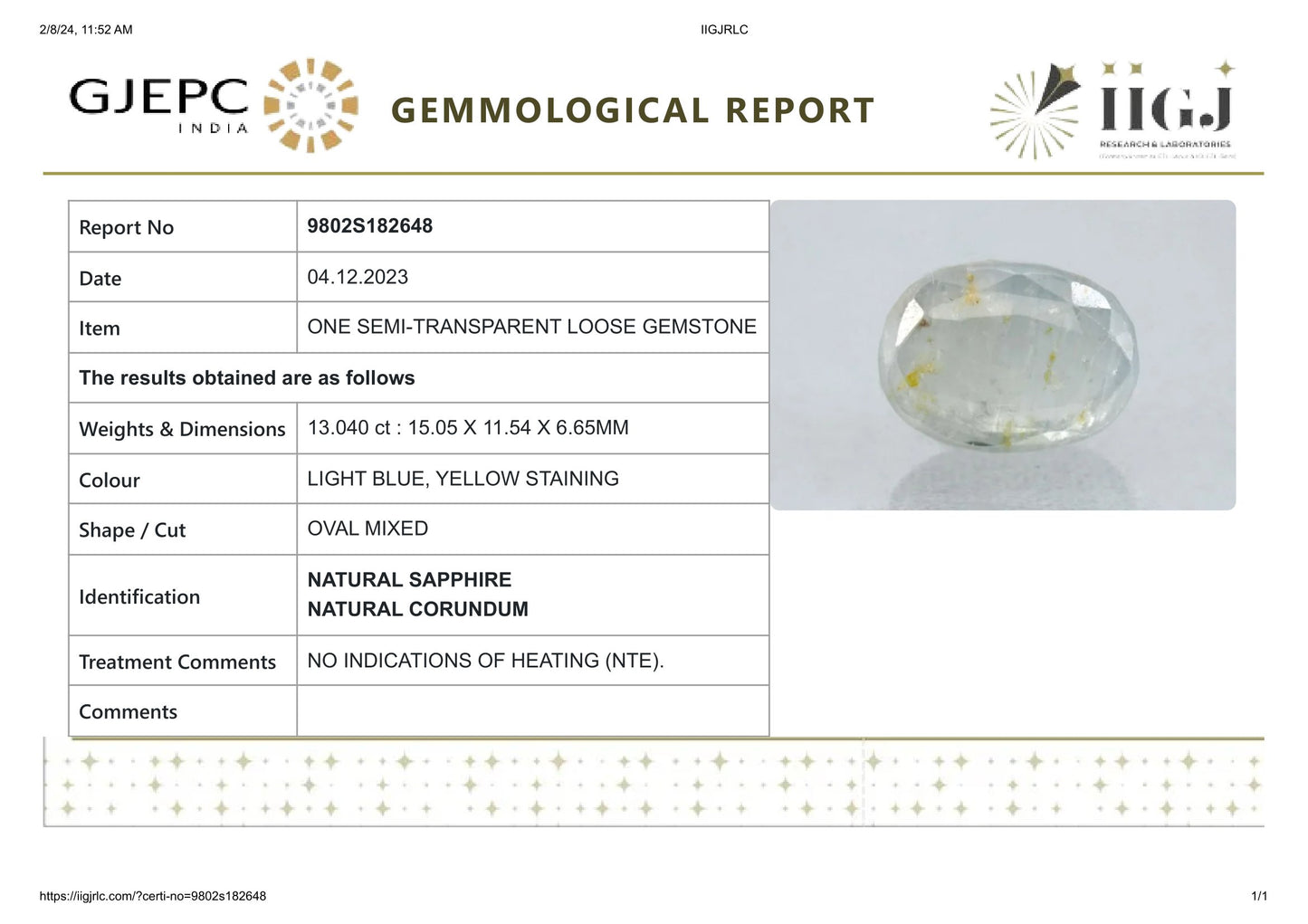 Natural Pitambari 13.04 Carats