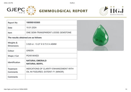Minor Oil Natural Zambian Emerald (Panna) 3.52 Carats