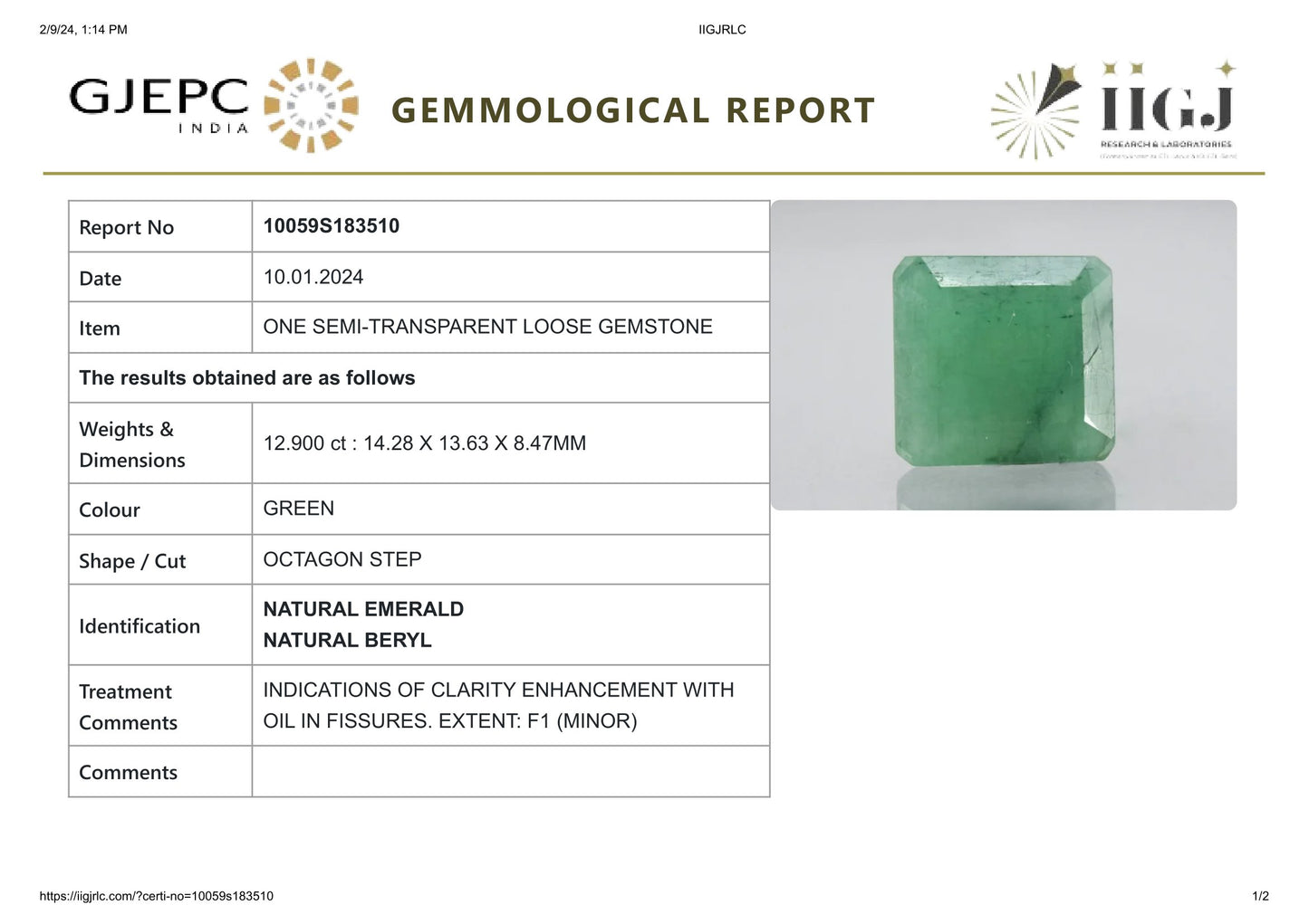Minor Oil Natural Zambian Emerald (Panna) 12.90 Carats