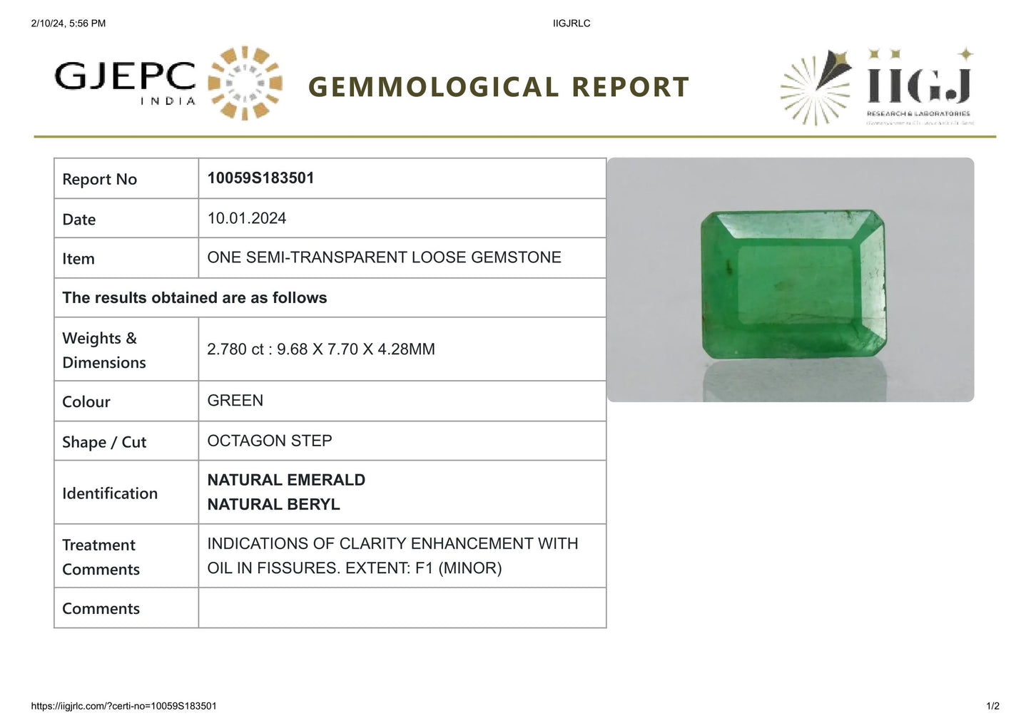 Minor Oil Natural Zambian Emerald (Panna) 2.78 Carats