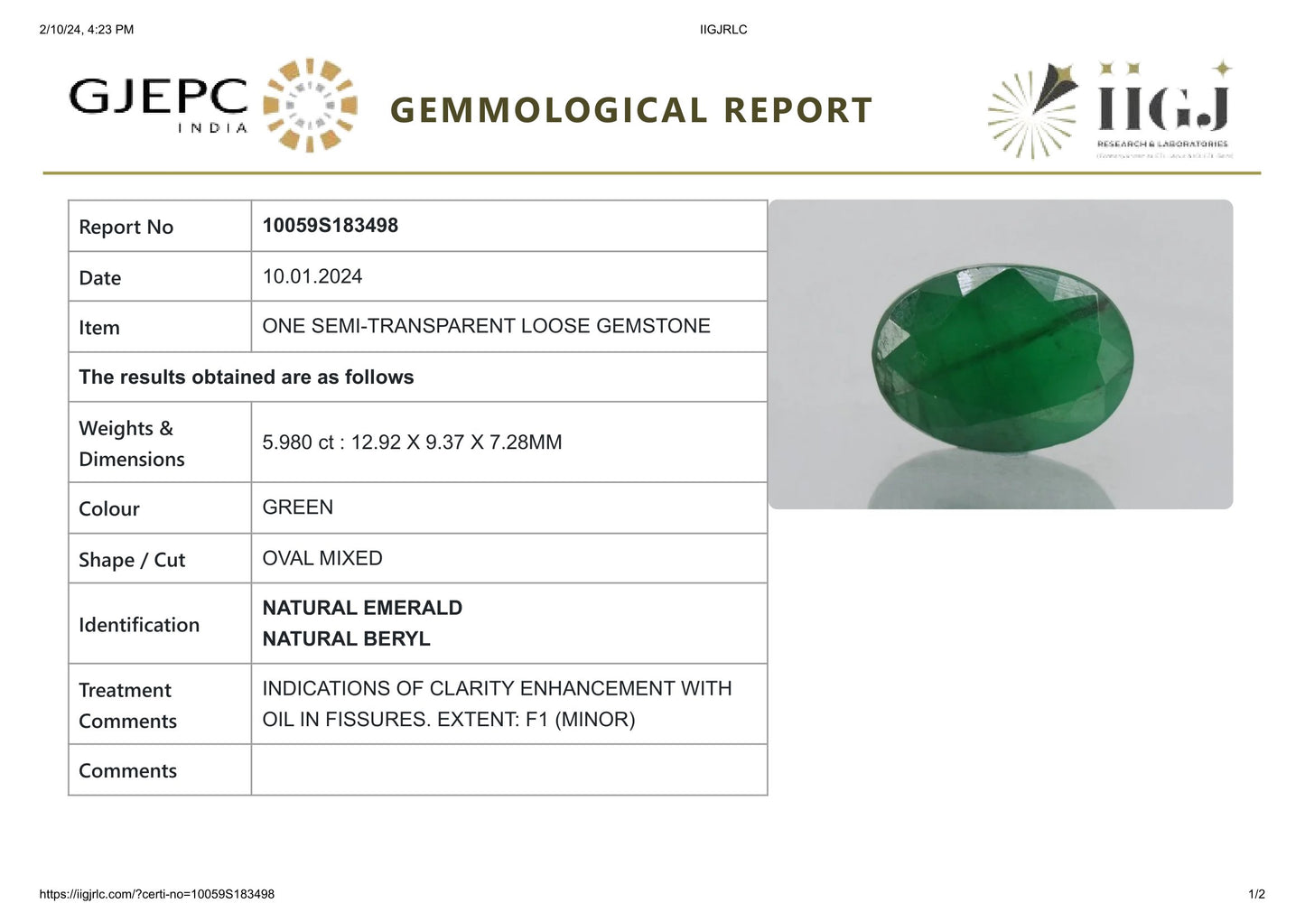 Minor Oil Natural Zambian Emerald (Panna) 5.98 Carats