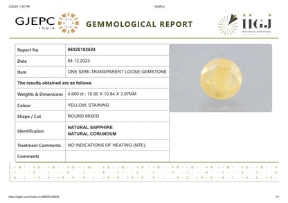 Natural Yellow Sapphire (Pukhraj) 4.60 Carats